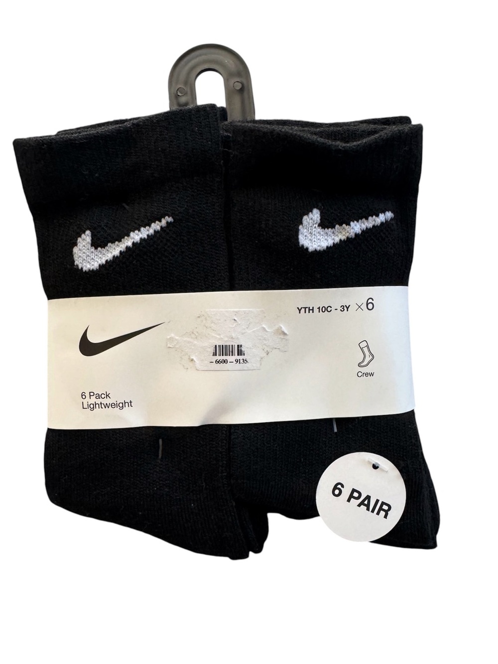Nike YTH 10 C . Crew Socks 6-Pack - Black with White Swoosh